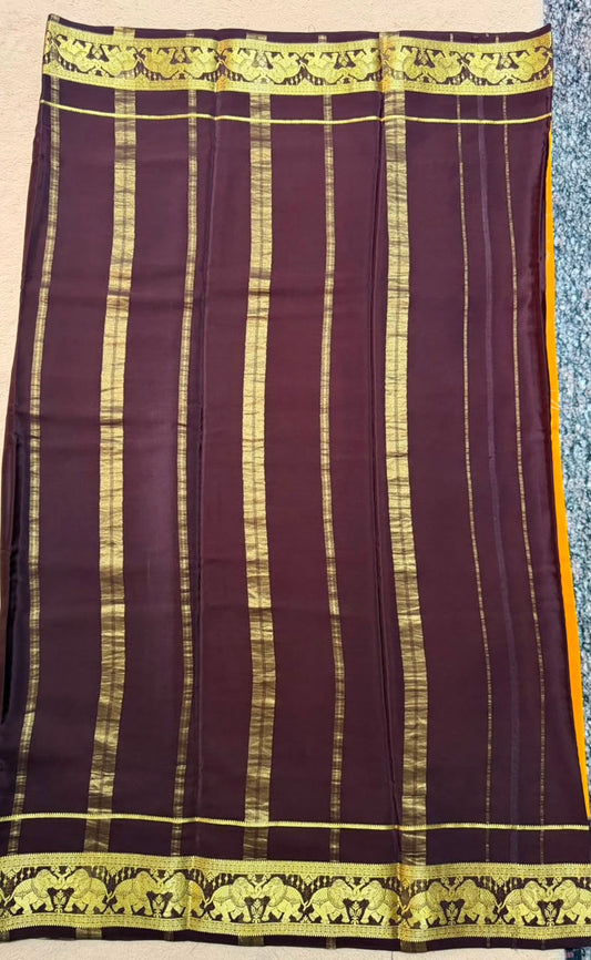 Airavatha 2D – Pure Mysore Crepe Silk Saree | Yellow & Brown