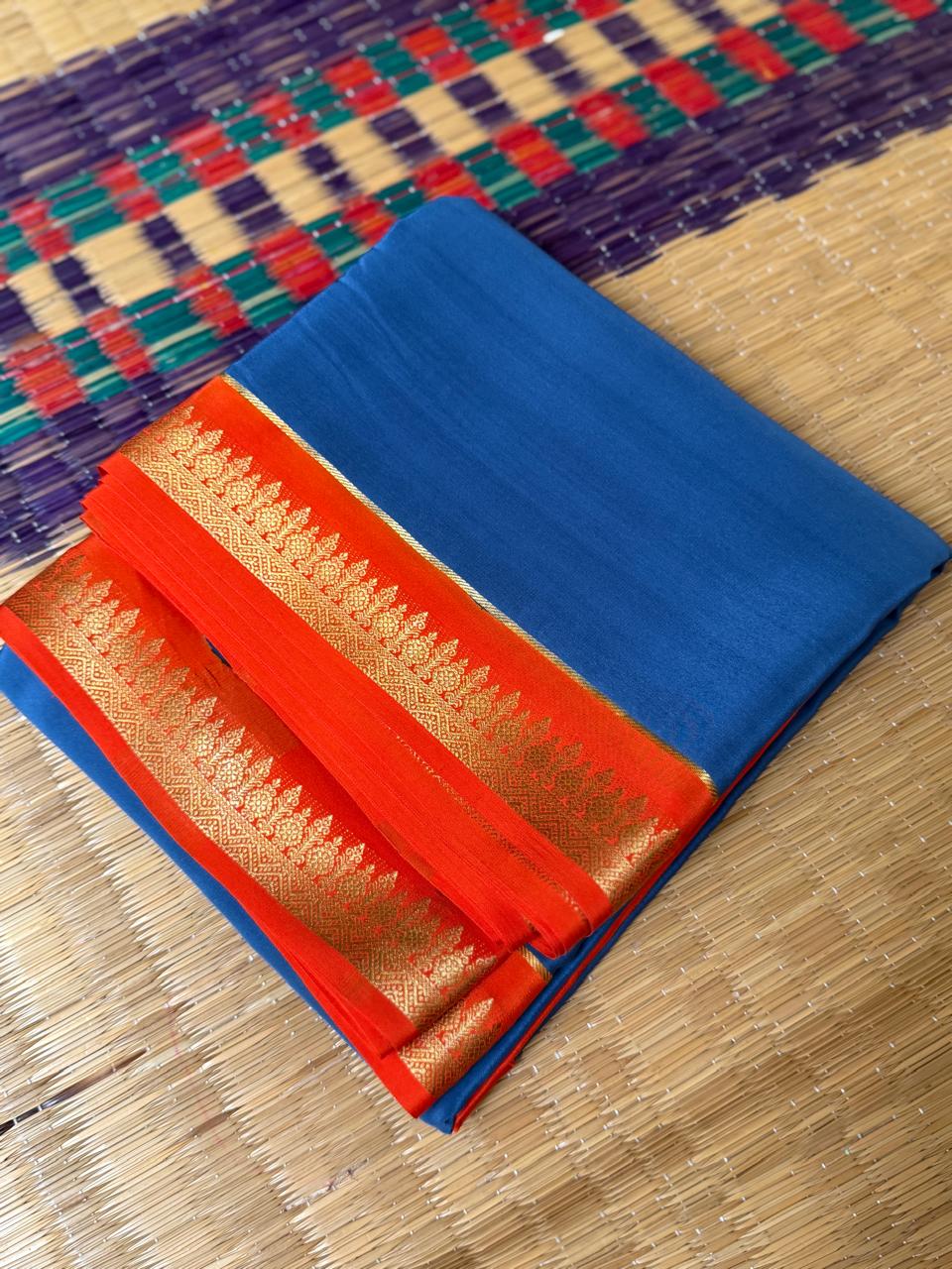 Chandrika 2D – Pure Mysore Crepe Silk Saree | Grey with Rust Orange Border