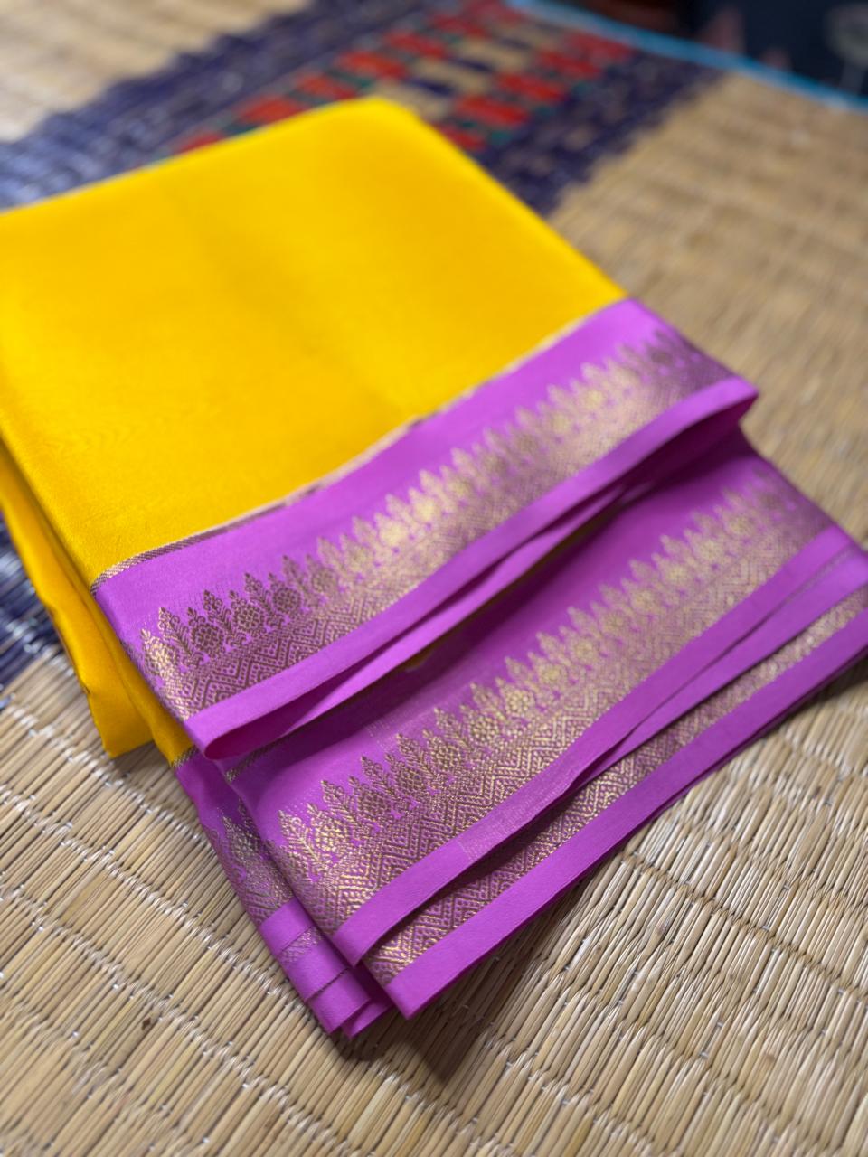 Chandrika 2D – Pure Mysore Crepe Silk Saree | Yellow with Lavender Border