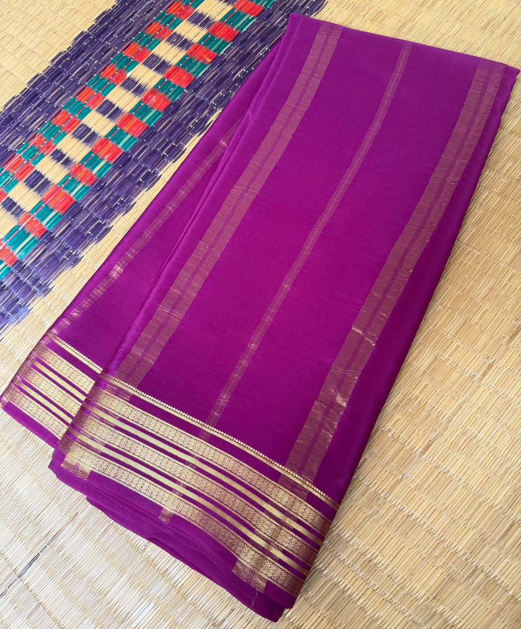 Barfi 2D – Pure Mysore Crepe Silk Saree | Orange with Dark Pink Border