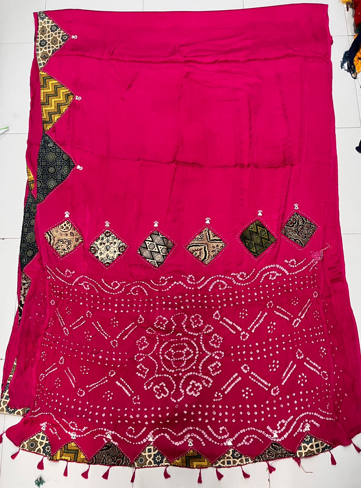 Modal Silk_Plain Saree_Bandhani Pallu_Mushroo_Patch_Mirror work_Rani Pink