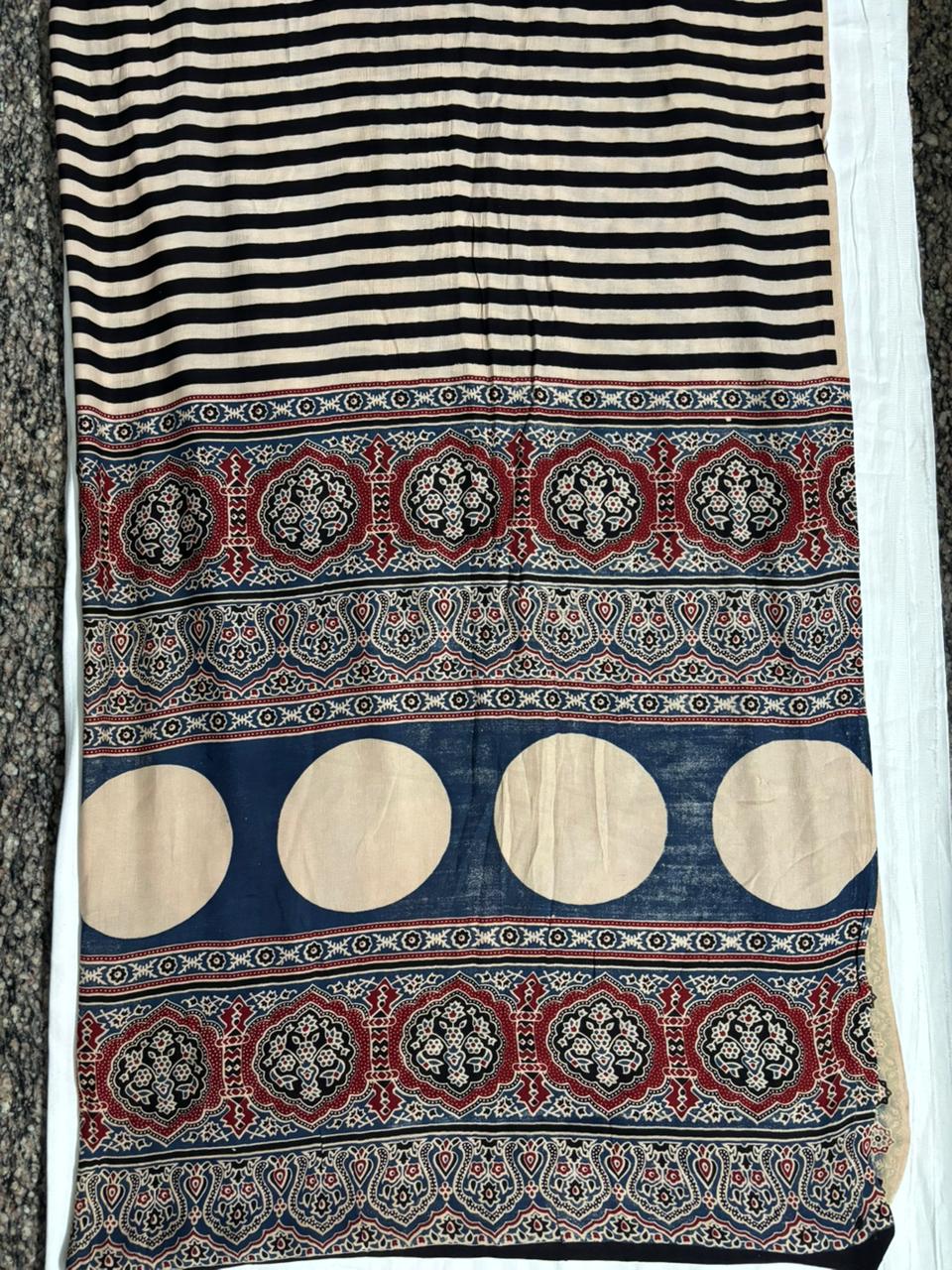 Pure Modal Ajrak Block Print Saree – White & Black Stripes (Everyday)