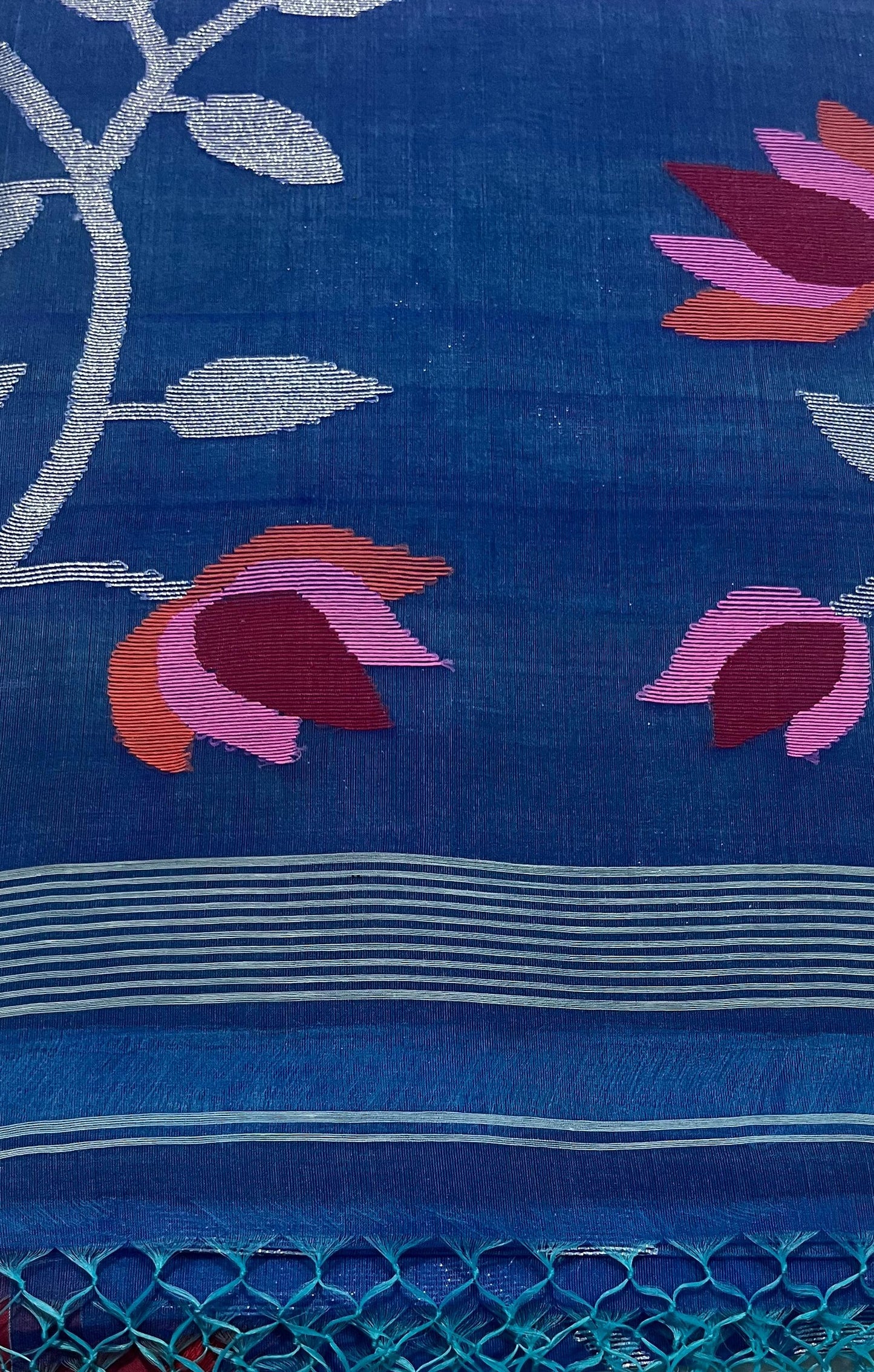 Dhaka Muslin Silk Jamdani Saree | Elegant Blue with Intricate Woven Motifs