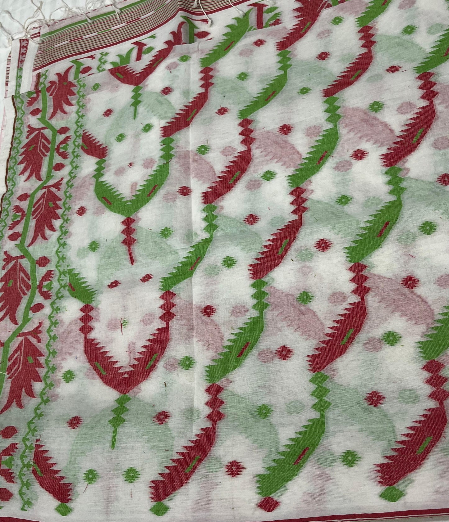 Dhaka Cotton-All Body Jamdani - White Red & Green
