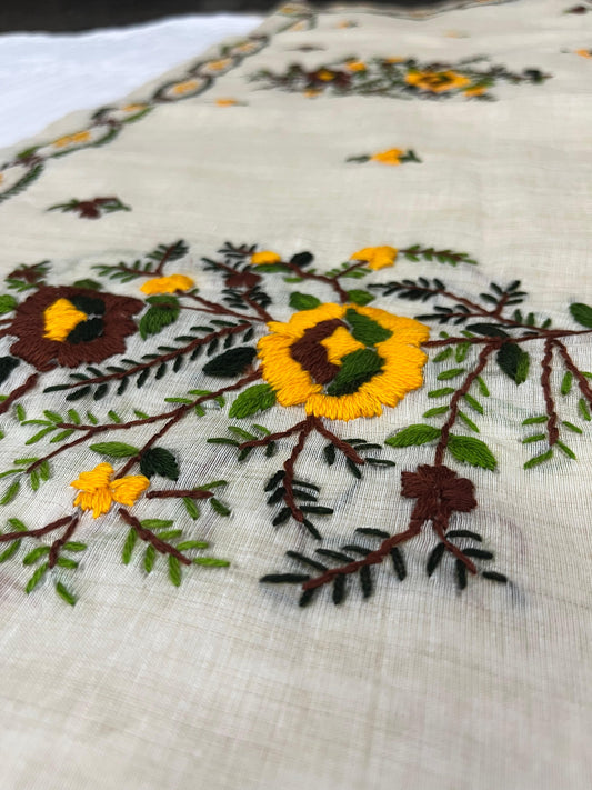 Assam Tussar Silk Saree | Kashmiri Floral Embroidery | Natural White – Daaraa Silks