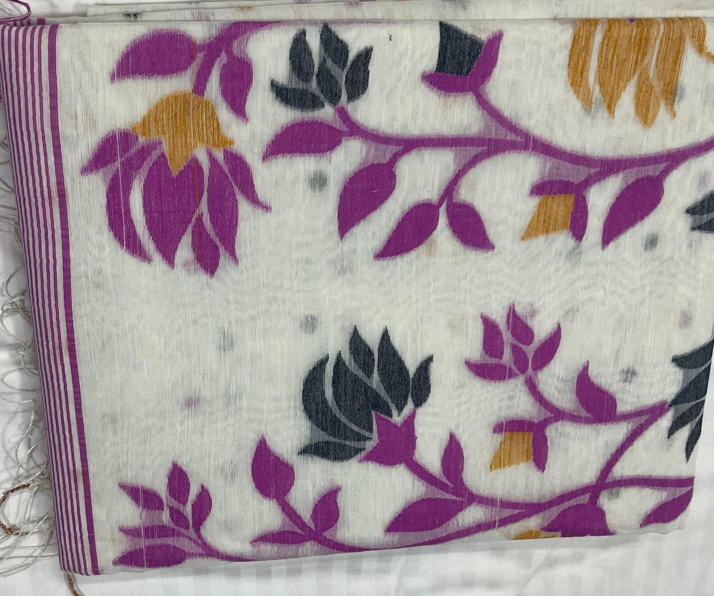Dhaka Cotton Jamdani in White base with Violet & Green Floral Weave