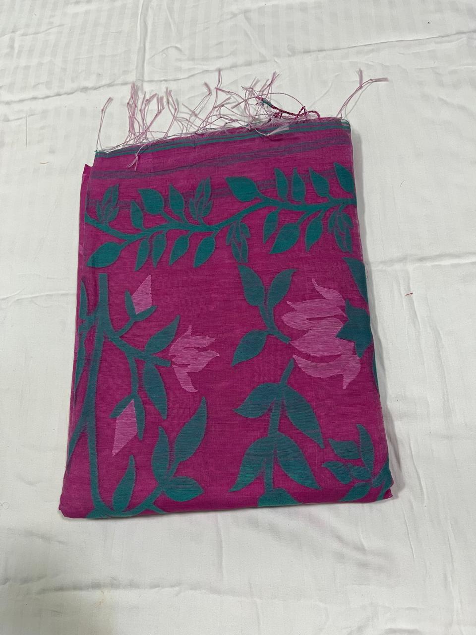 Dhaka Cotton Jamdani in Pink with Floral Weave
