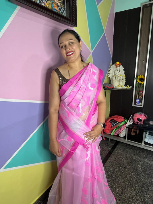 Dhaka Muslin Silk Jamdani Saree -Soft Pink with Silver Weave & Contrast Floral Design