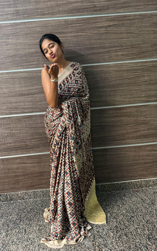Ajrak Mirror Work Saree – Beige
