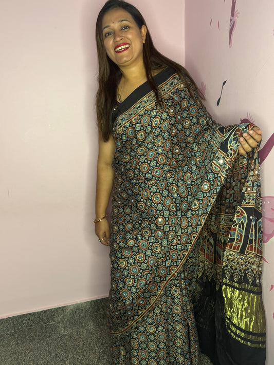 Ajrak Mirror Work Saree – Black