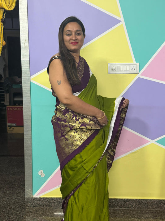 Pure Modal Natural Dye 3D Plain Saree-Olive Green