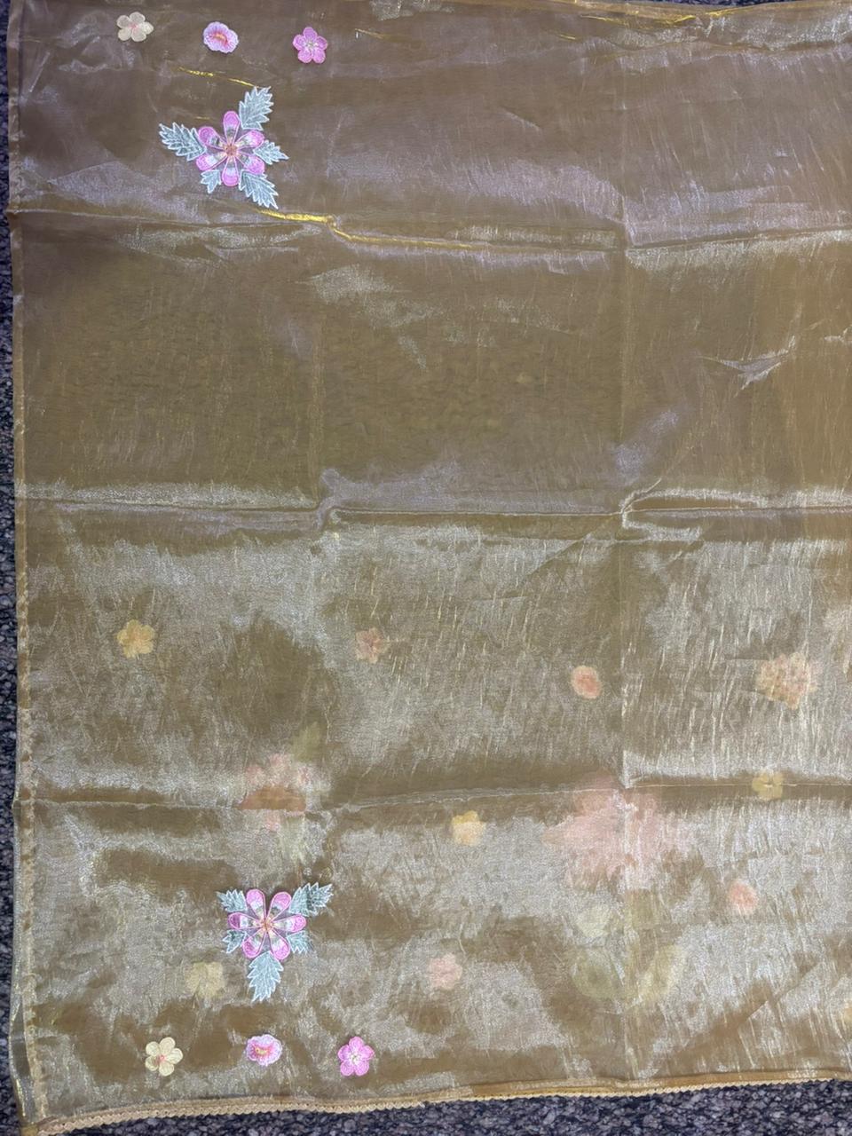 Golden Mehndi Organza Saree with 3D Floral Appliqué | Pearl & Sequin Border