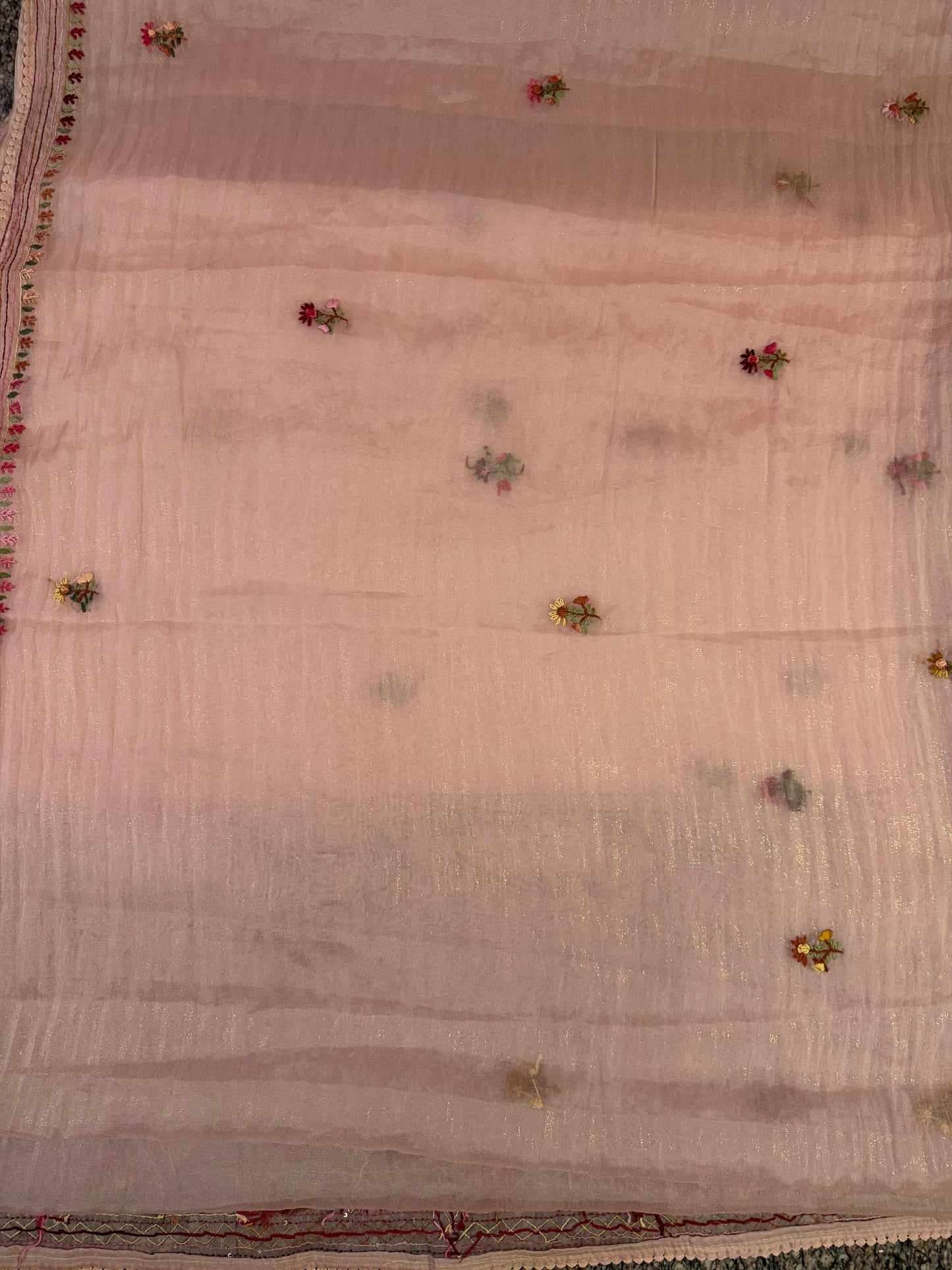 Dusty Rose Tissue Saree with Kantha Hand Embroidery & Floral Bootis