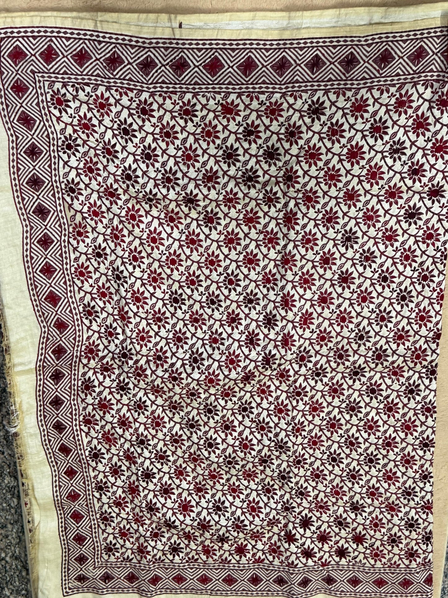 Assam Tussar Silk Saree | Kashmiri Brown Floral Embroidery | Beige – Daaraa Silks