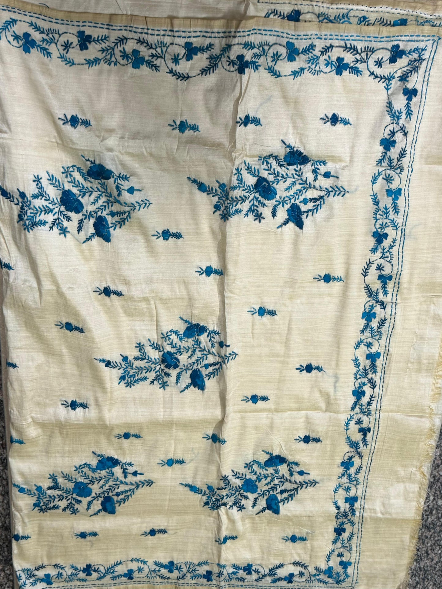 Assam Tussar Silk Saree | Kashmiri Blue Floral Embroidery | Beige – Daaraa Silks