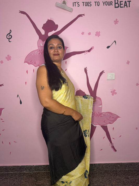 Pale Yellow Ajrak Block Print Saree with Teal Fan Motifs & Charcoal Pallu