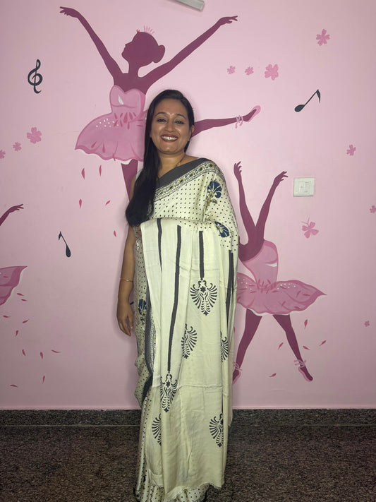 Soft Modal Ajrak Block Print Saree – Ivory with Navy Peacock Motifs