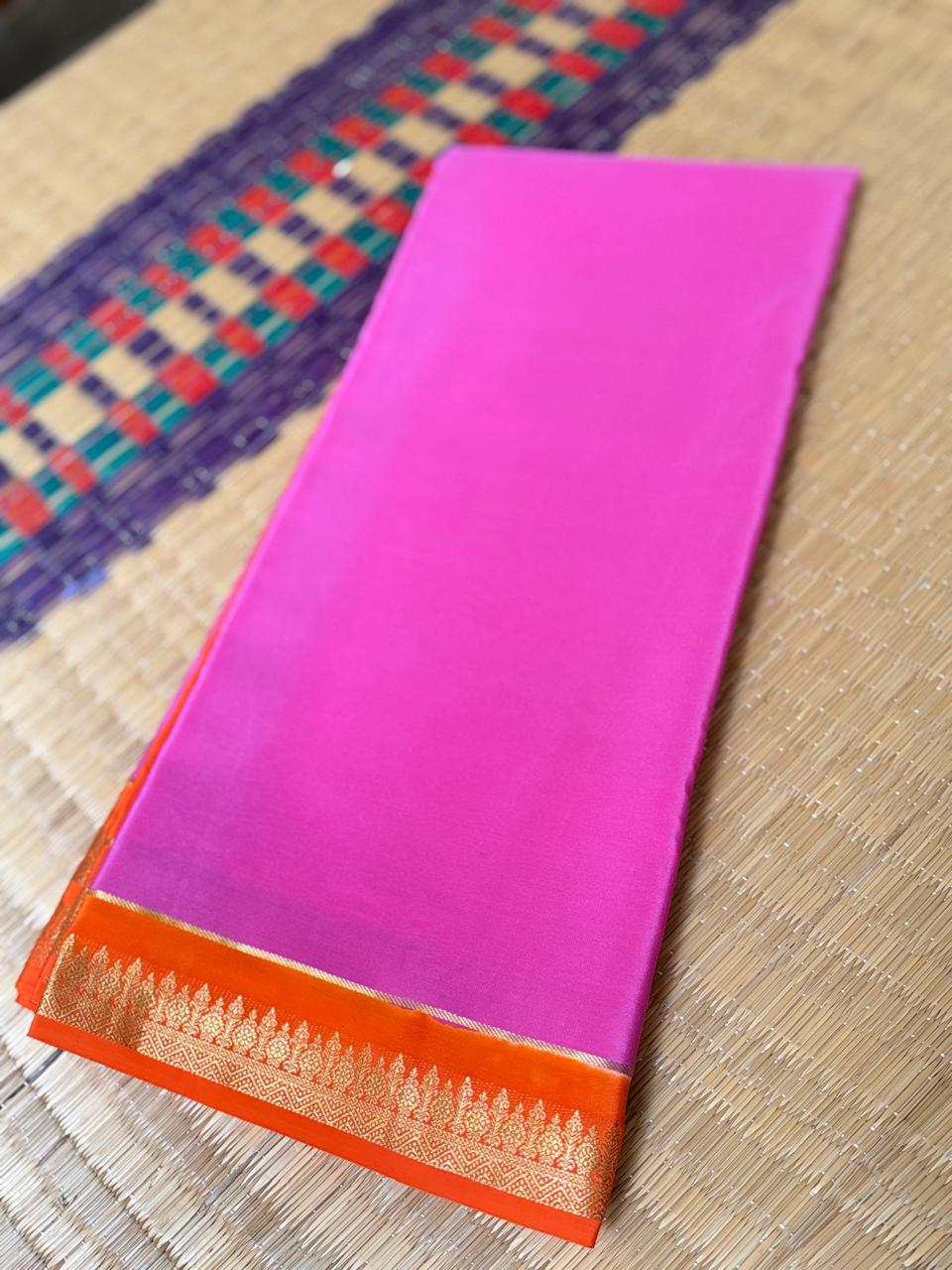 Chandrika 2D – Pure Mysore Crepe Silk Saree | Baby Pink with Rust Orange Border