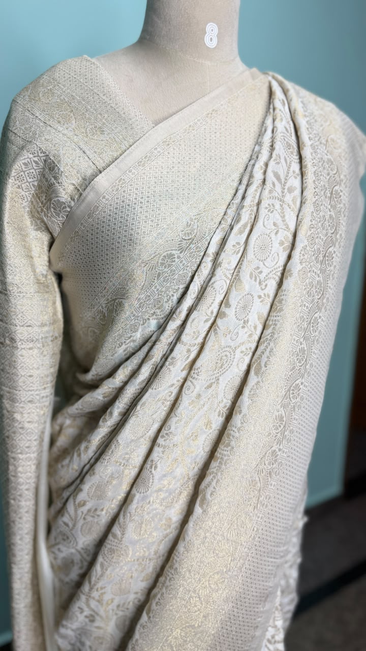 Semi Banarasi half white georgette saree with Banarasi-inspired zari motifs, Daaraa Silks