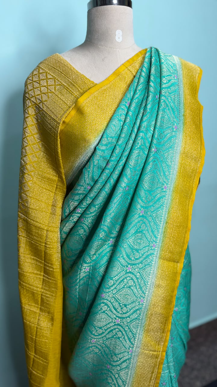 Semi Banarasi Sea Green with Yellow Border Georgette Saree