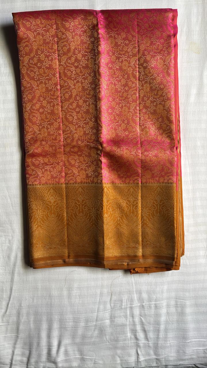 Kanchi Brocade Silk Saree – Rose Pink Body with Antique Gold Border