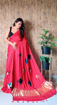 Modal Saree with Mushroo Patch – Red