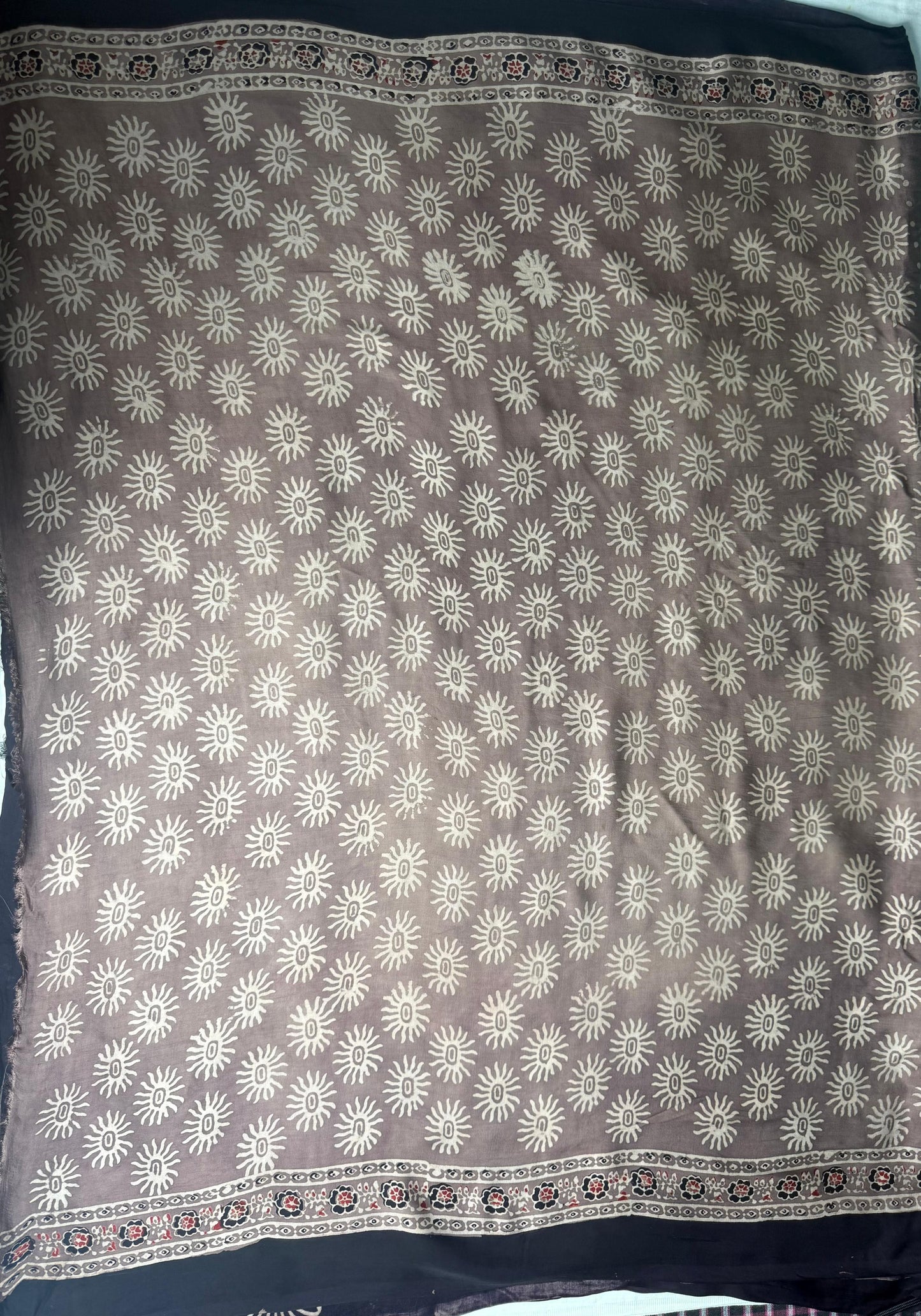 Brown Ajrak Block Print Modal Saree with Black Pallu & White Peacock Motifs