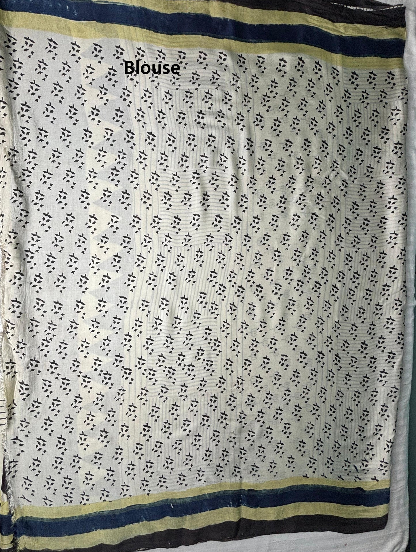 Cream Ajrak Block Print Modal Saree with Lime Stripes, Black Polka Dots & Navy Border
