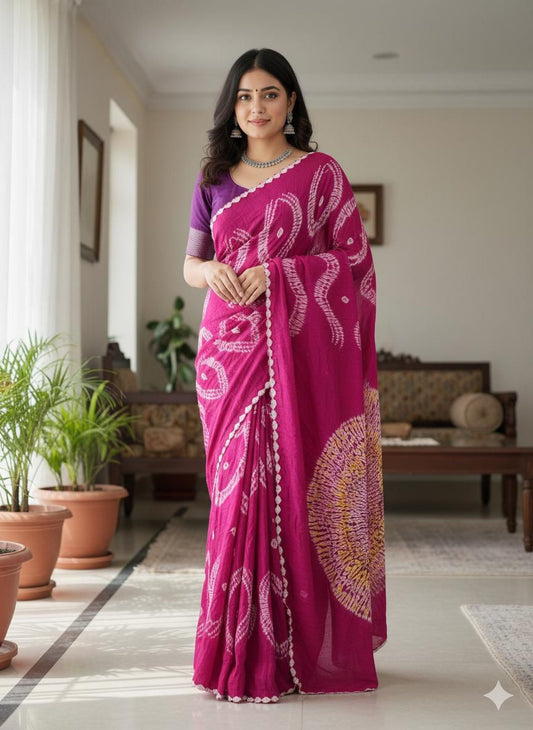Modal_ Shibori_Bandhani_Tissue pallu_Rani Pink