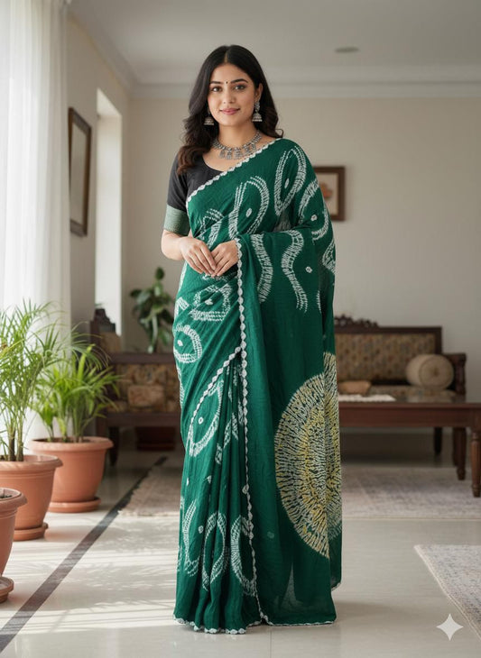 Modal_ Shibori_Bandhani_Tissue pallu_Bottle Green