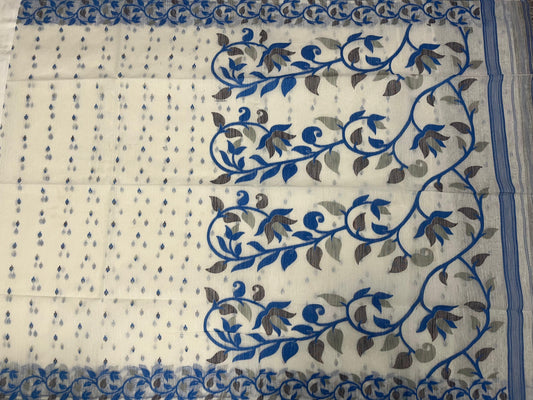 Dhaka Cotton Jamdani in White base with Blue & Silver Floral Weave
