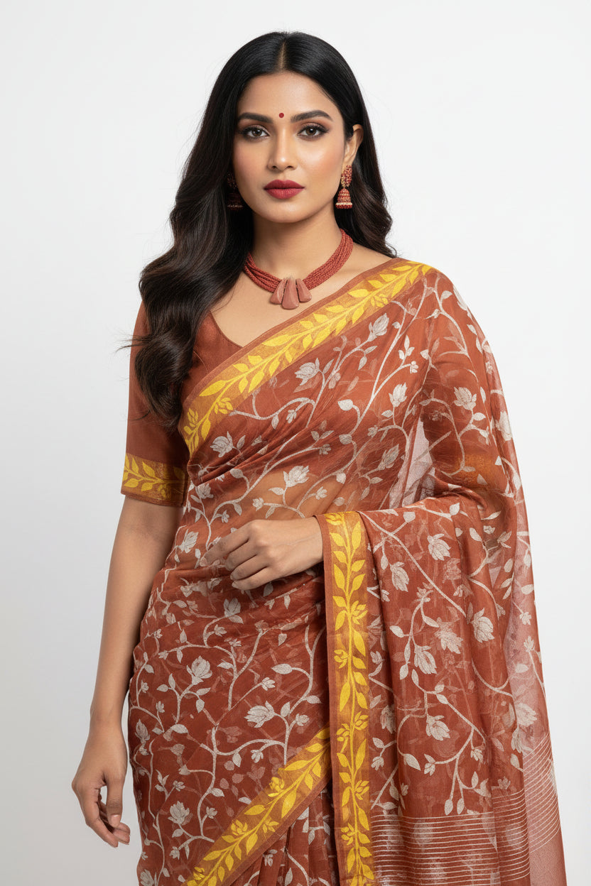 Dhaka Cotton Jamdani in Dusty Orange  with Floral Weave