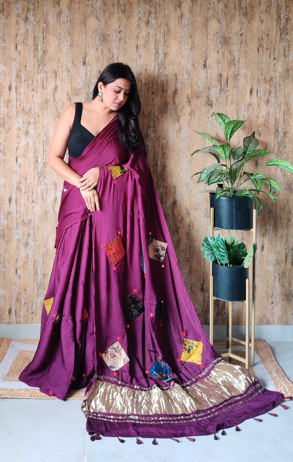Modal Saree with Mushroo Patch – Wine