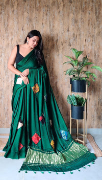 Modal Saree with Mushroo Patch – Bottle Green