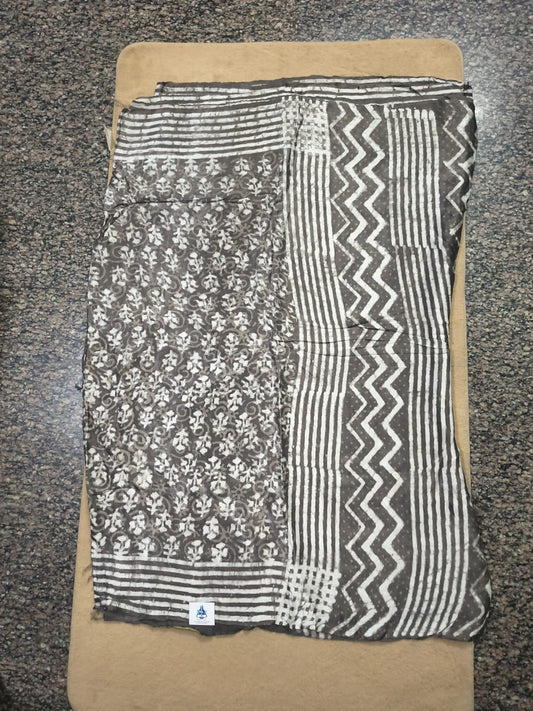 Pure Modal Dhabu Handblock Kalamkari Saree with Chikku Brown tissue Pallu