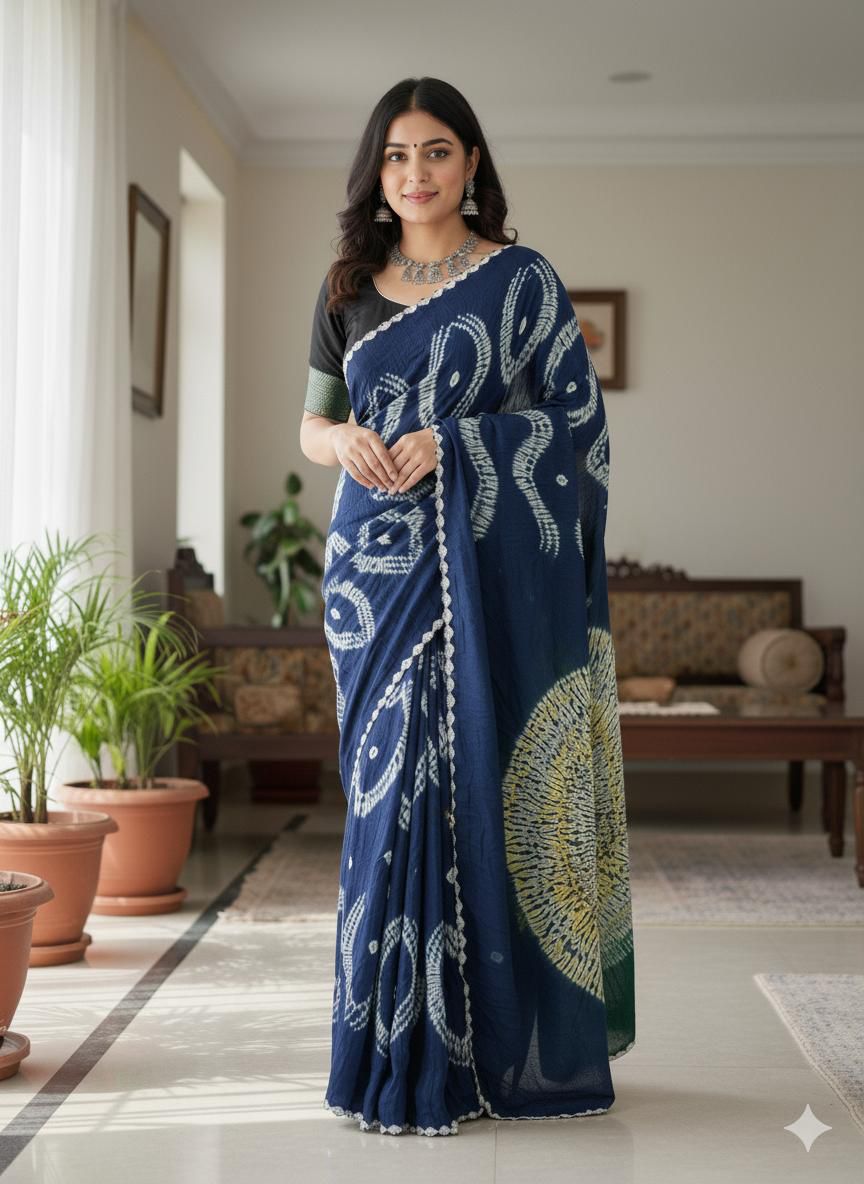 Modal Shibori Bandhani Saree with Tissue Pallu – Kerosene Blue