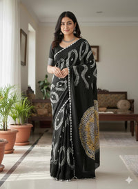 Modal Shibori Bandhani Saree with Tissue Pallu – Black