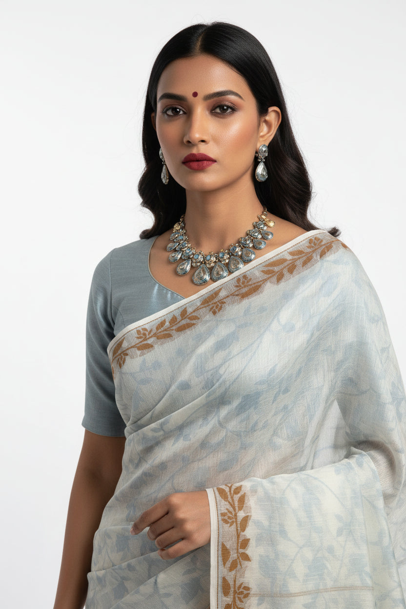 Dhaka Cotton Jamdani in White with Beige & Blue Floral Weave