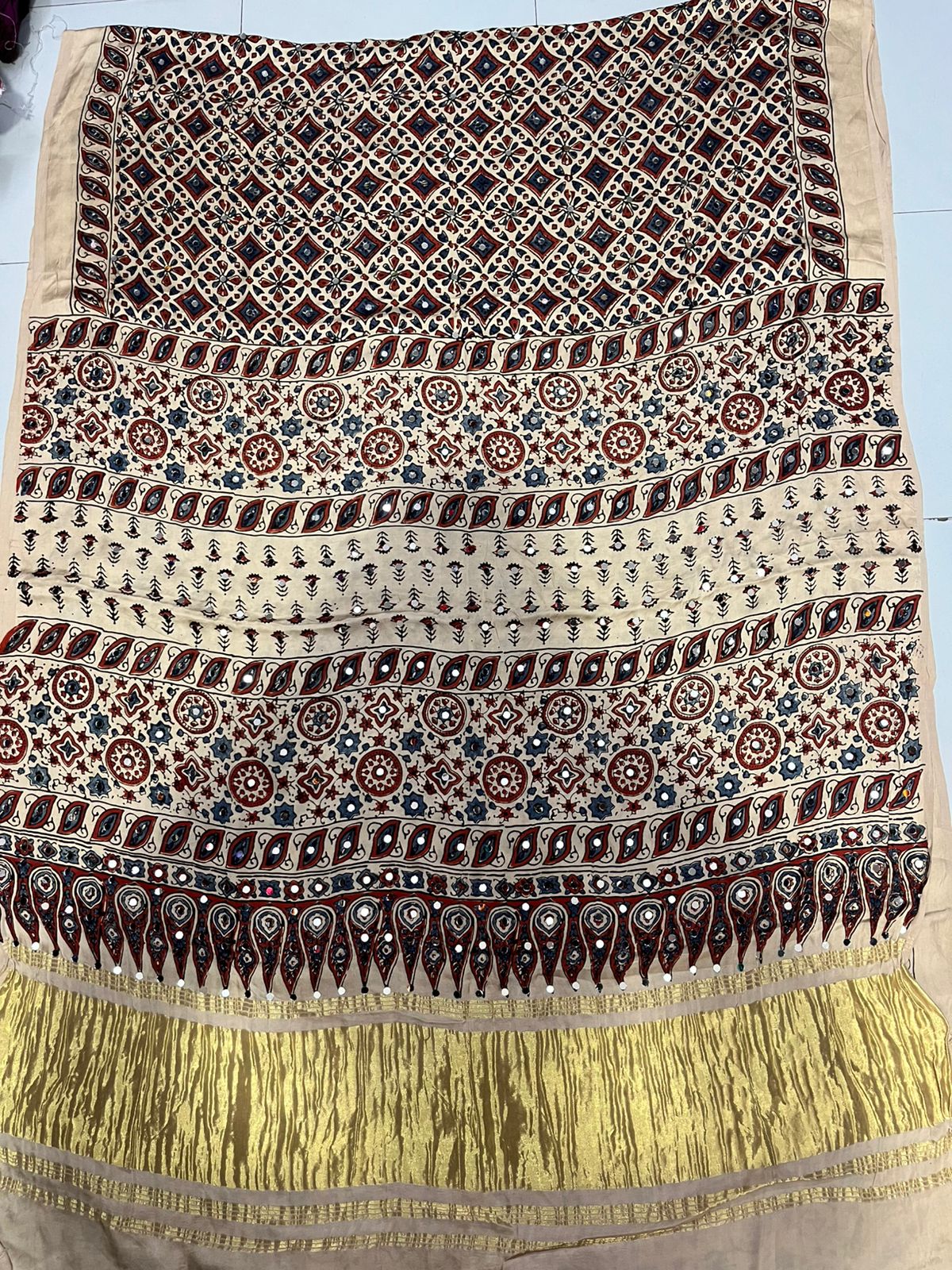Ajrak Mirror Work Saree – Beige