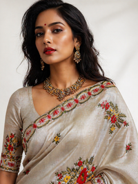Assam Tussar Silk Saree | Kashmiri Red & Yellow Floral Embroidery | Beige – Daaraa Silks