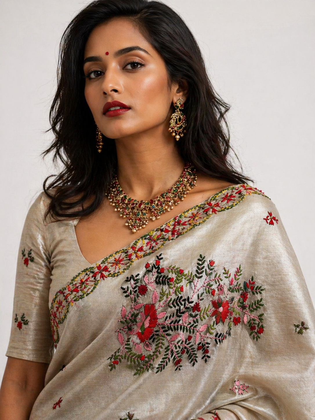 Assam Tussar Silk Saree | Kashmiri Pink & Orange Floral Embroidery | Beige – Daaraa Silks (Copy)