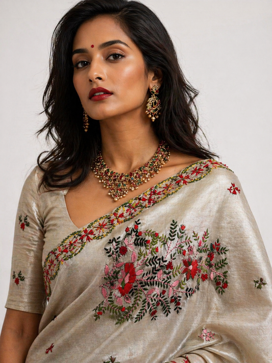 Assam Tussar Silk Saree | Kashmiri Pink & Orange Floral Embroidery | Beige – Daaraa Silks (Copy)