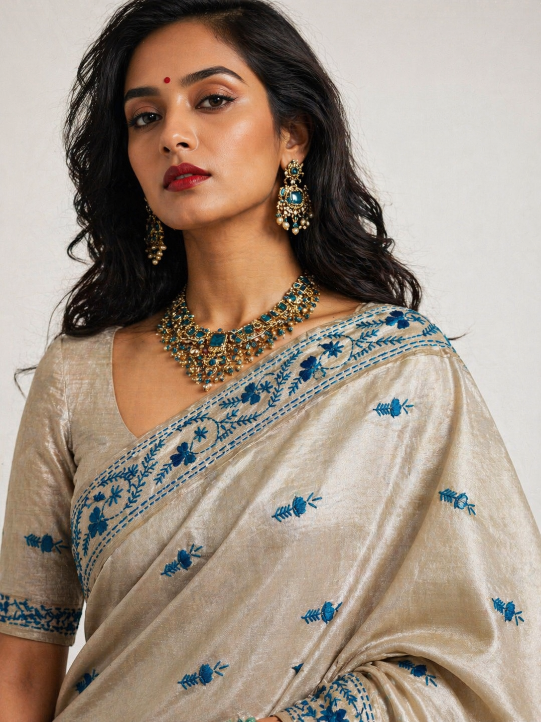 Assam Tussar Silk Saree | Kashmiri Blue Floral Embroidery | Beige – Daaraa Silks