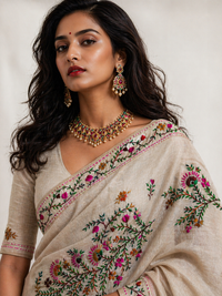 Assam Tussar Silk Saree | Kashmiri Brown & Pink Floral Embroidery | Beige – Daaraa Silks