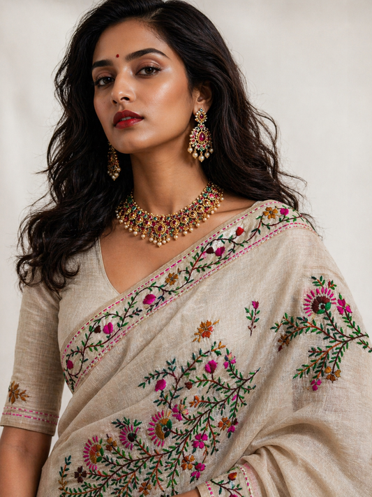 Assam Tussar Silk Saree | Kashmiri Brown & Pink Floral Embroidery | Beige – Daaraa Silks