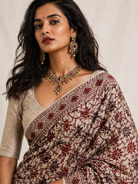 Assam Tussar Silk Saree | Kashmiri  Brown Floral Embroidery | Beige – Daaraa Silks