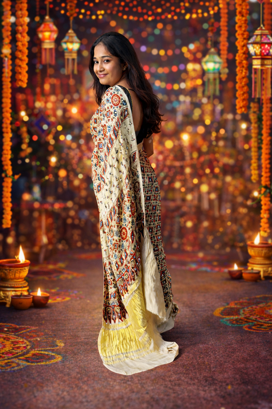 Ajrak Mirror Work Saree – Beige