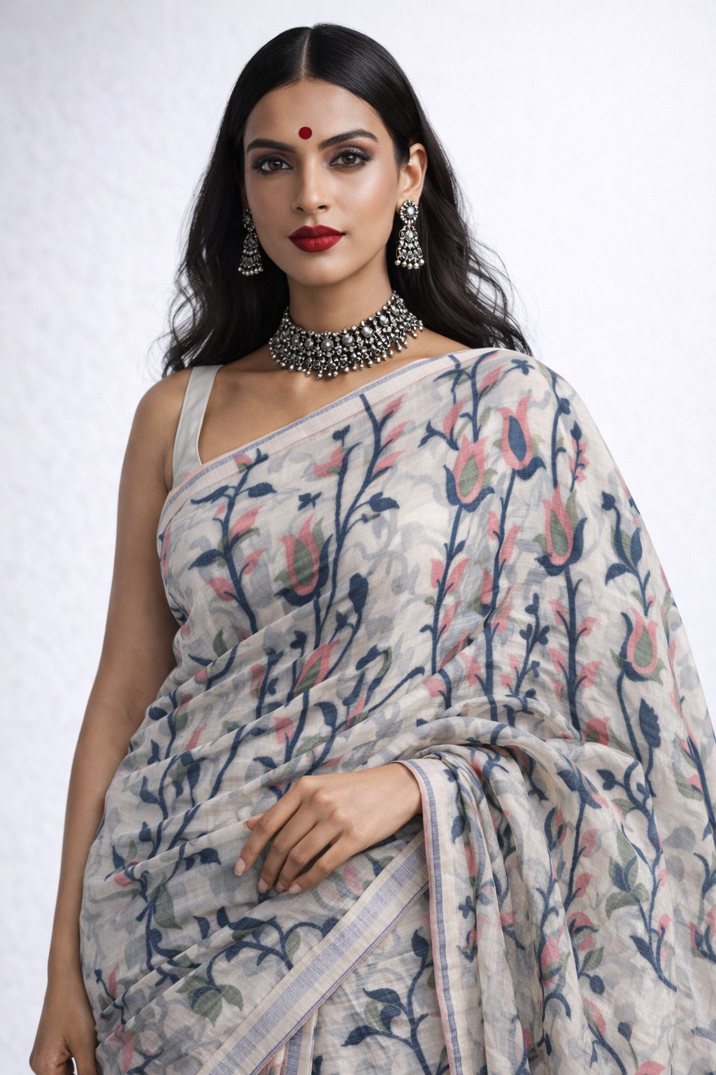 Dhaka Muslin Silk Jamdhani - White & Pink Floral Weave