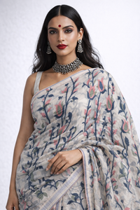 Dhaka Muslin Silk Jamdhani - White & Pink Floral Weave