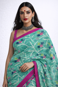Dhaka Muslin Silk Jamdhani – Green Floral Weave